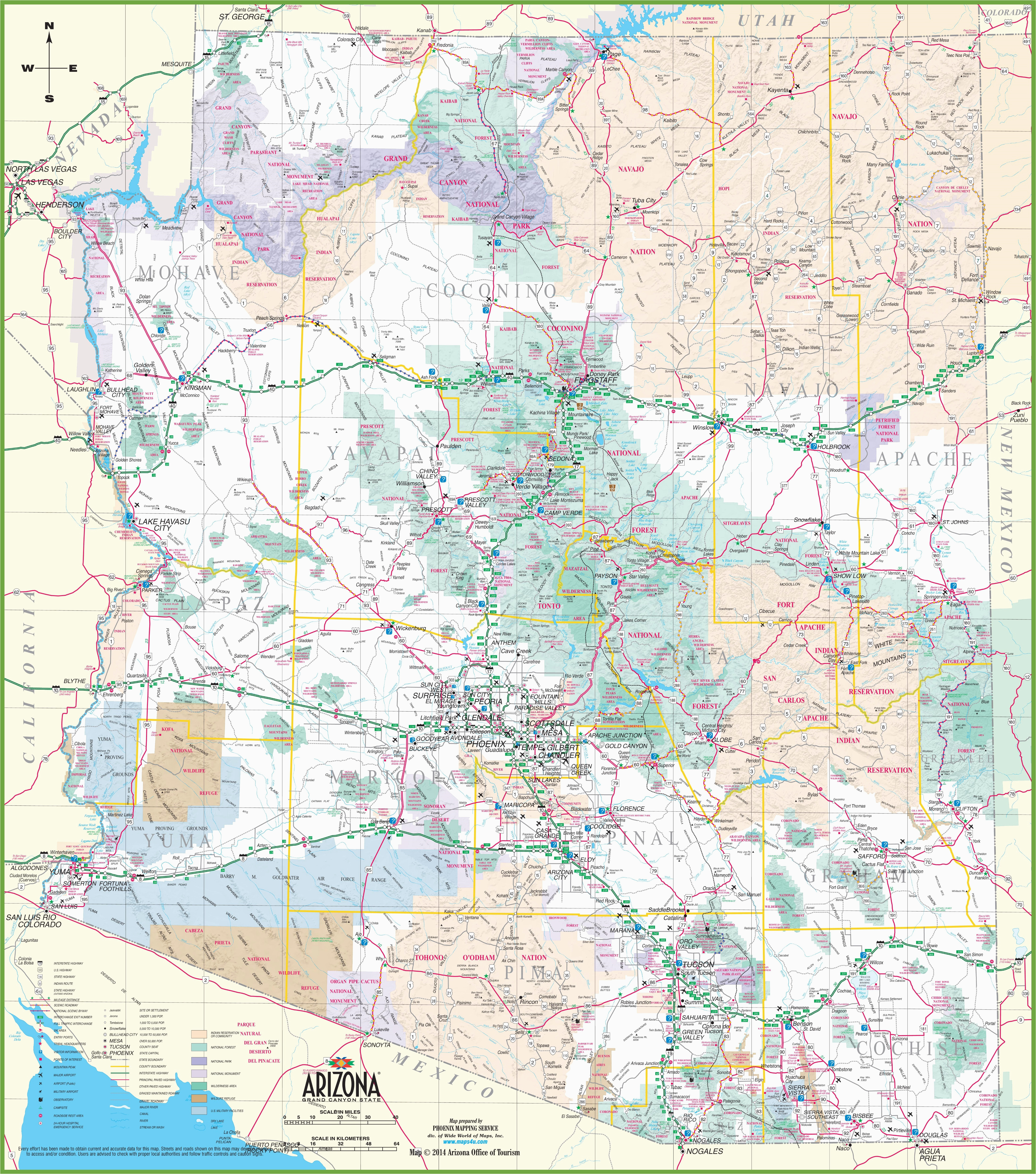 large detailed map of arizona with cities and towns