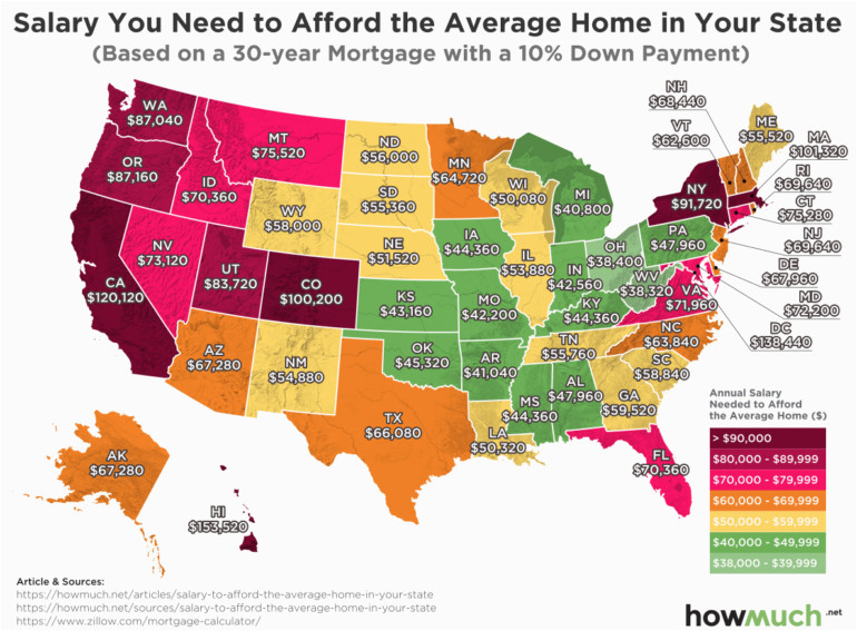 map shows how much you need to earn to afford a home in every state