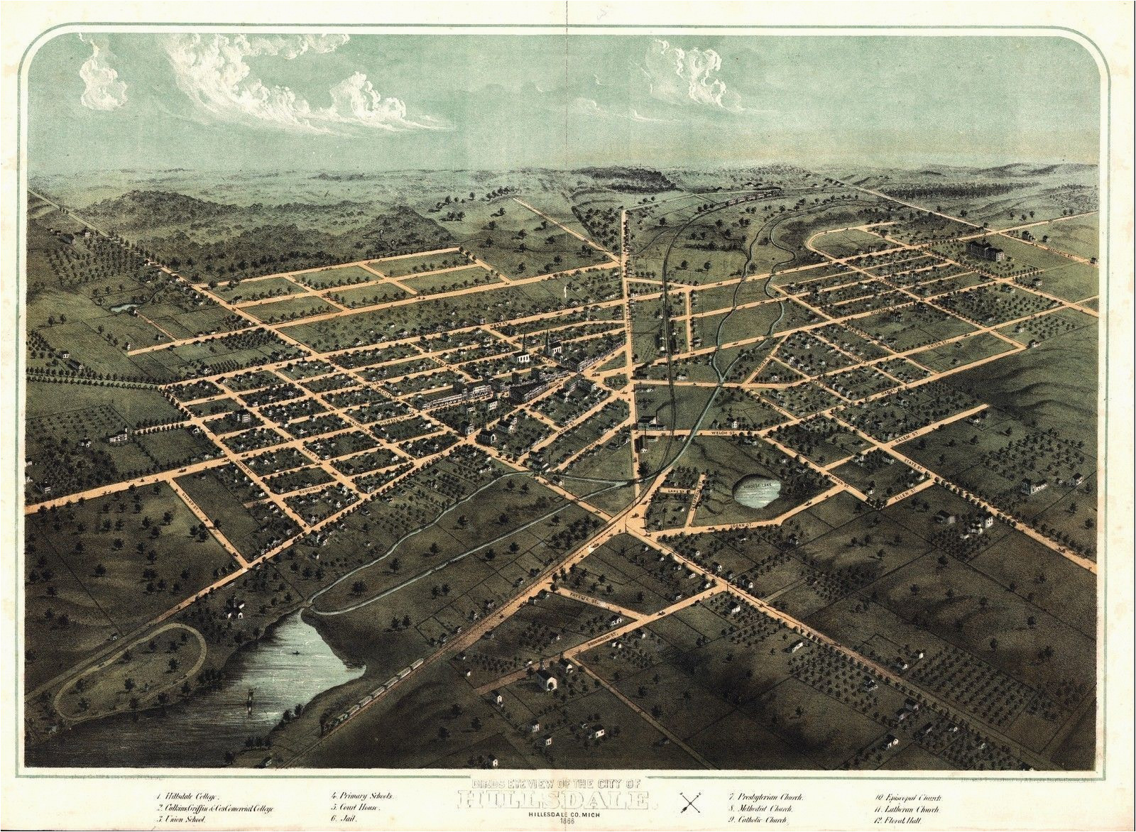 1866 hillsdale panoramic michigan map genealogy atlas poster old