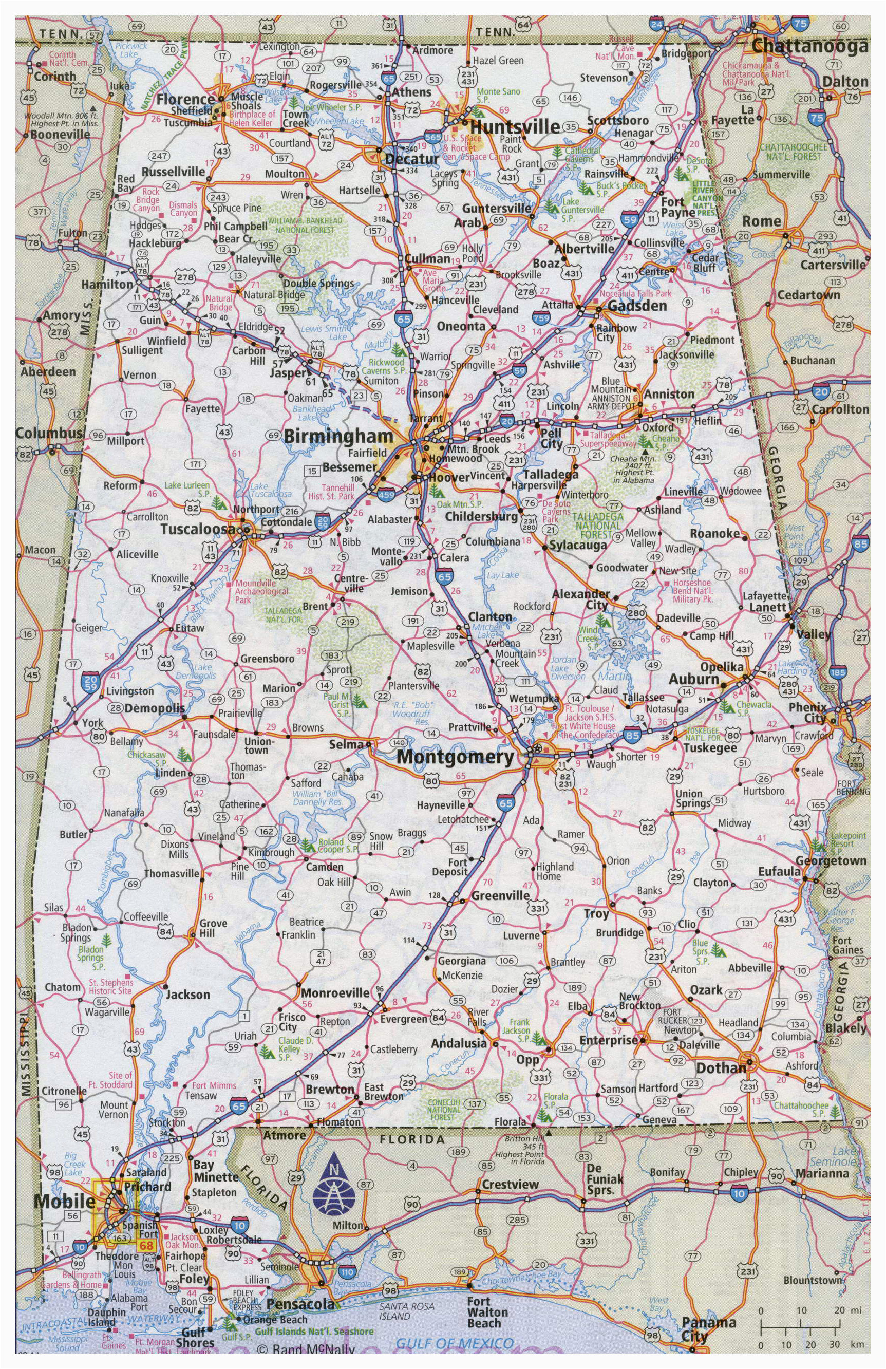 large detailed road map of alabama with all cities vidiani com