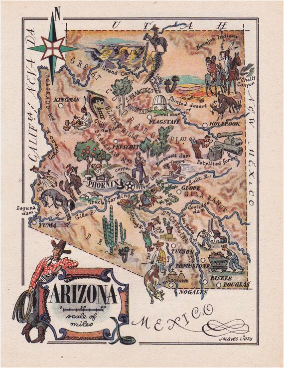 map of arizona from 1946 by french artist jacques liozu digital