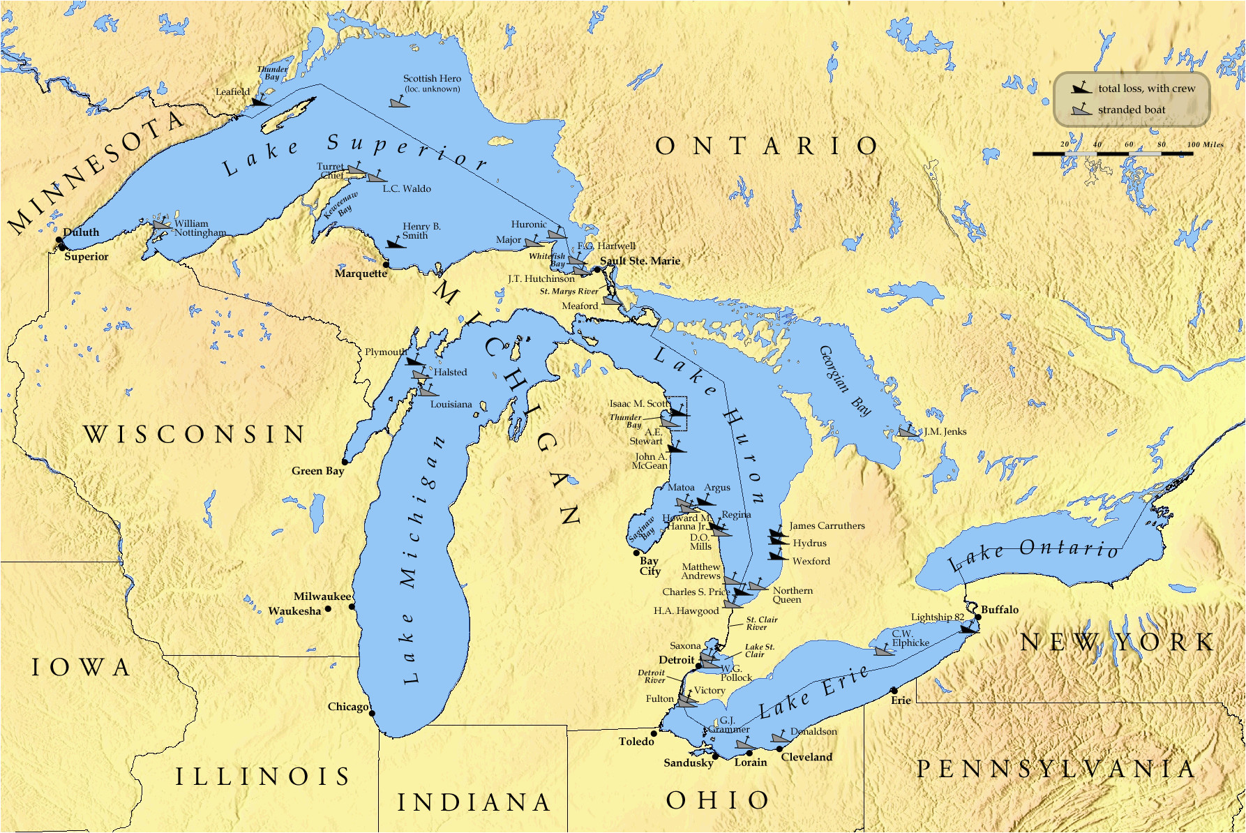 Map Of Michigan Lakes And Rivers Secretmuseum   Map Of Michigan Lakes And Rivers List Of Shipwrecks In The Great Lakes Wikipedia Of Map Of Michigan Lakes And Rivers 