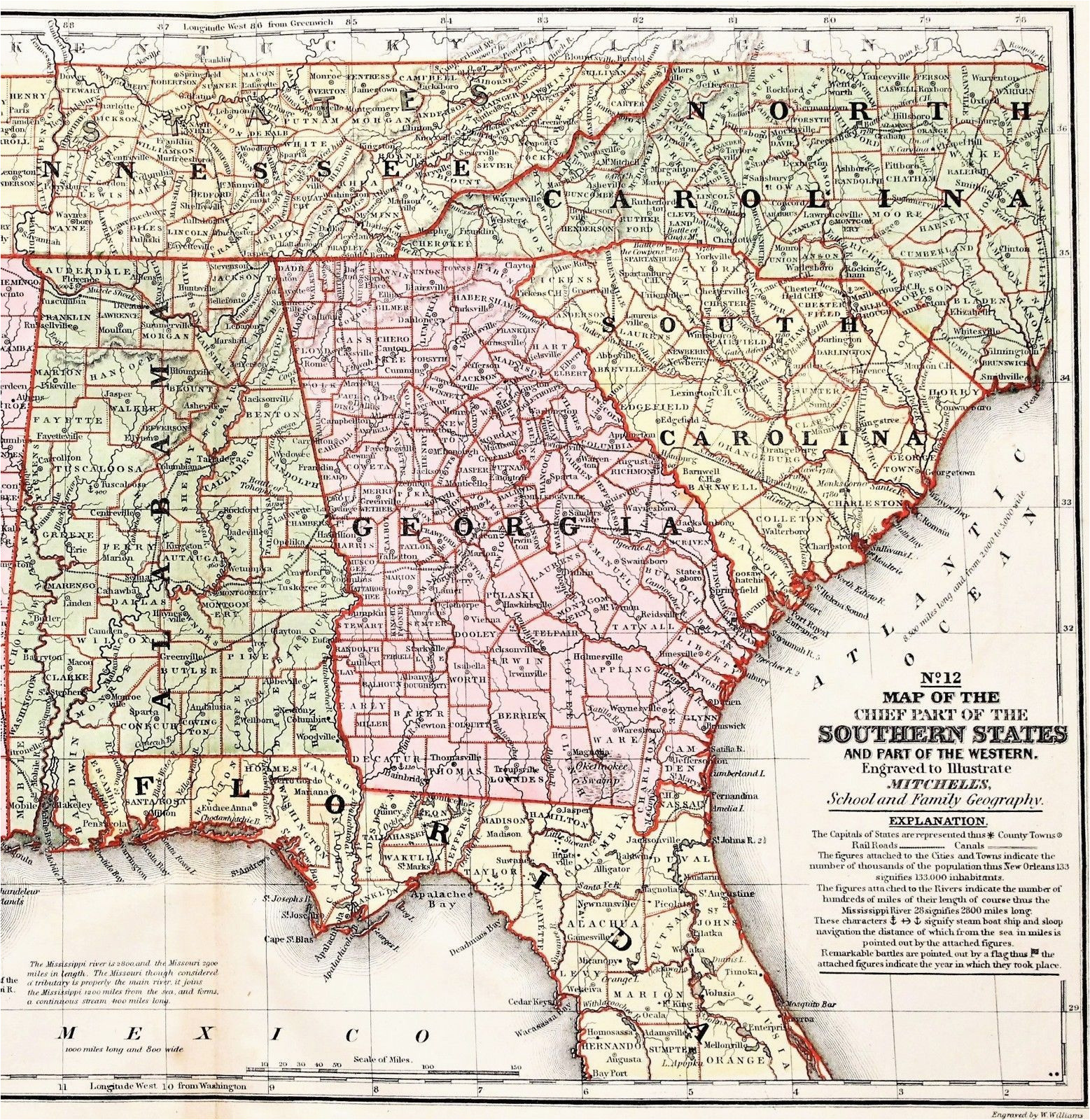 antique 1858 southern states map georgia alabama tennessee north