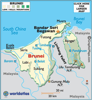 the small country of brunei is situated on the northwestern edge of