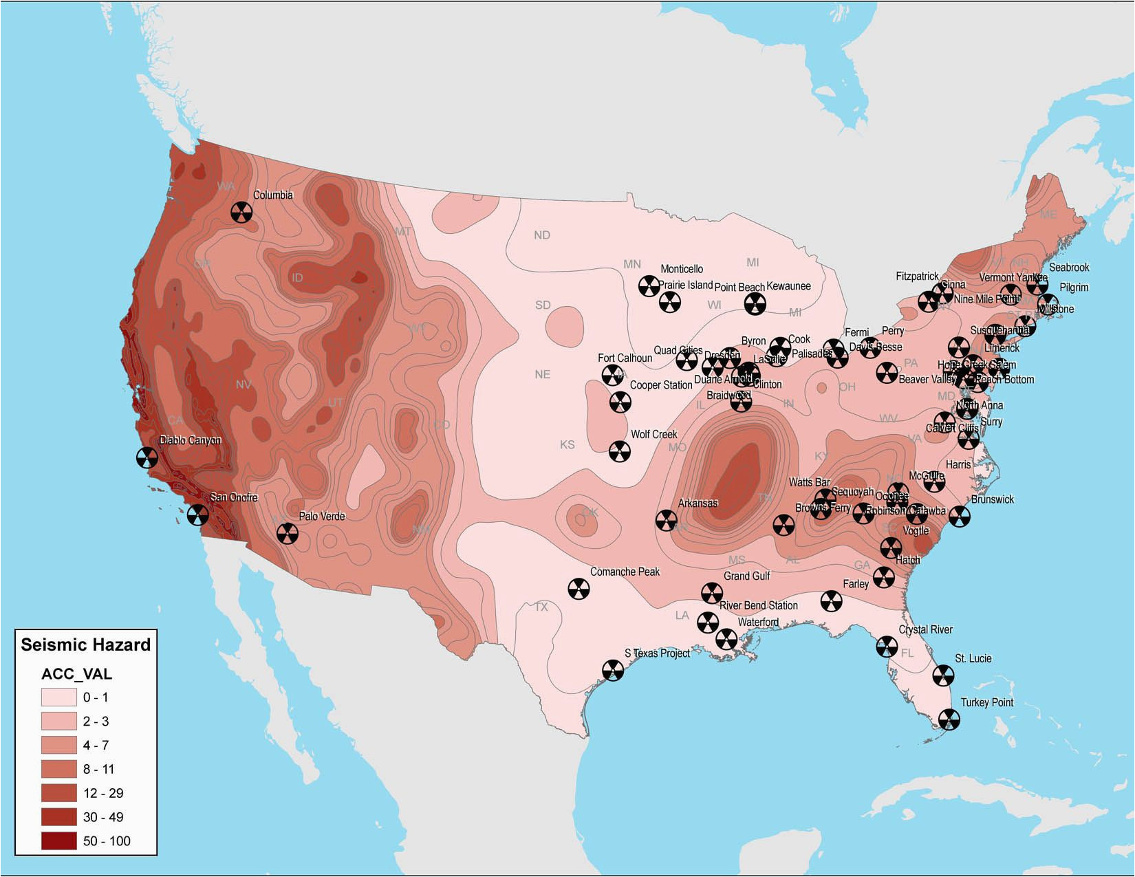 map of nuclear power plants and seismic hazards in the united states