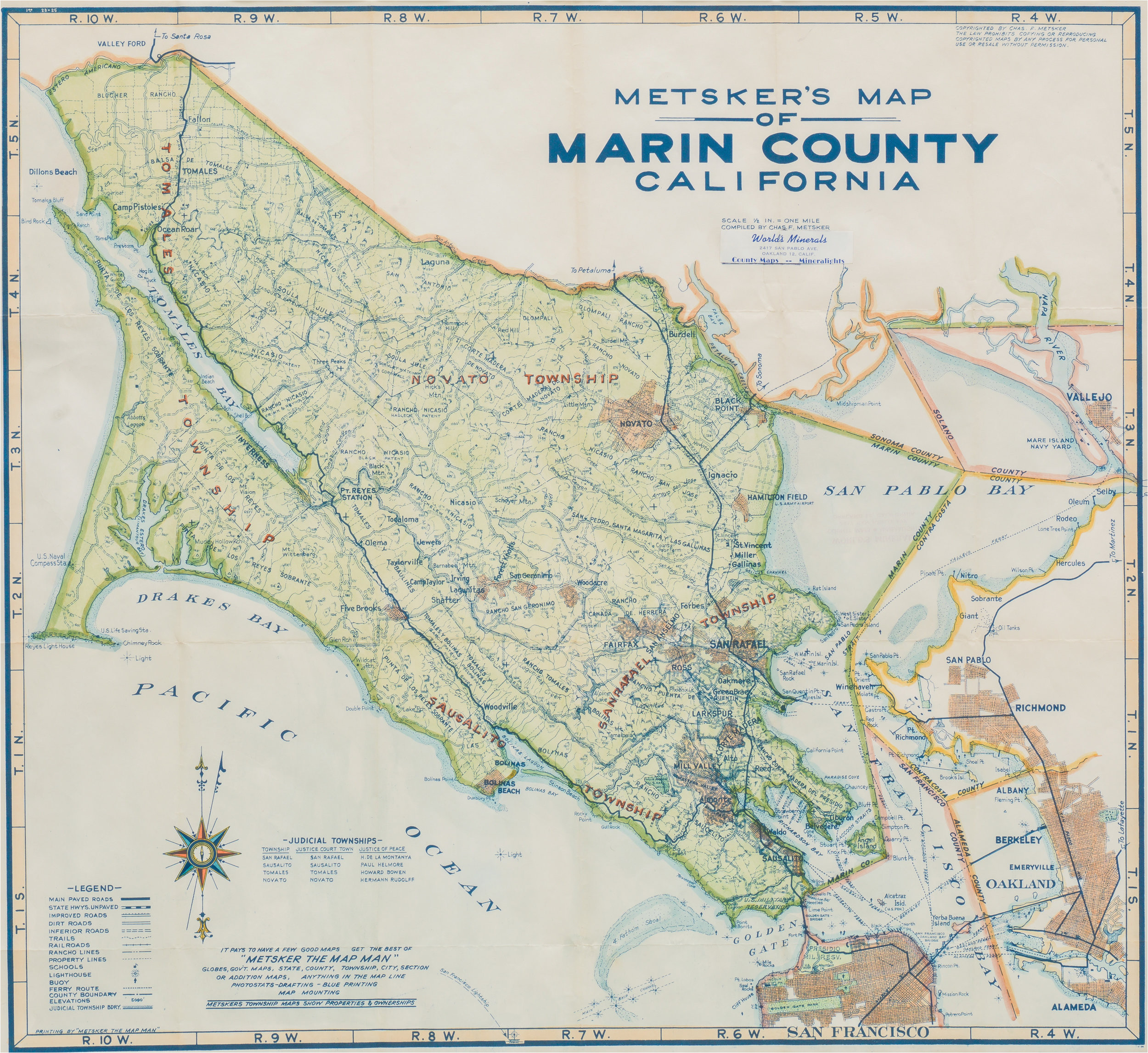 1948 metsker map of marin county california neatline antique maps
