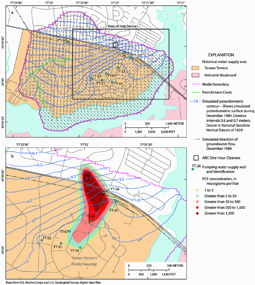 maps showing simulated a water level and direction of