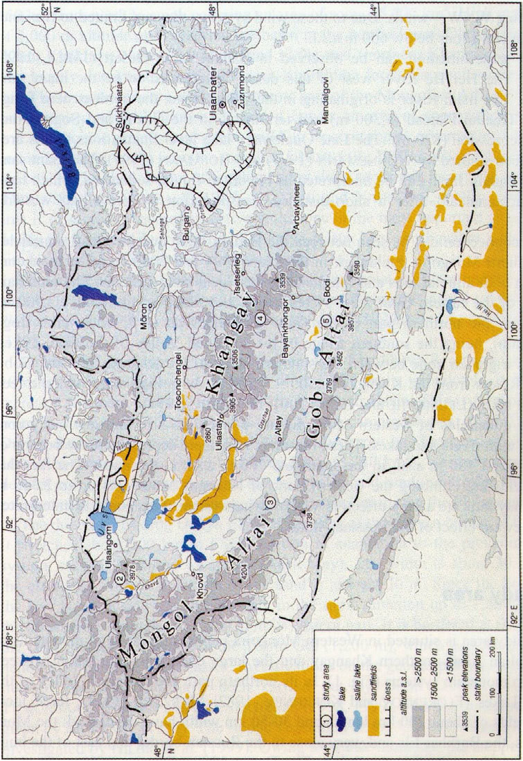 topographic map of western mongolia showing the widespread