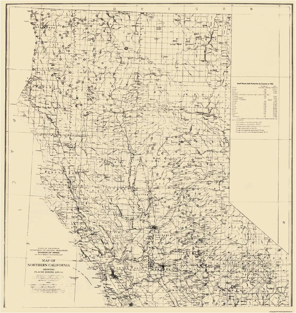 old mining map placer mining areas in northern california 1932