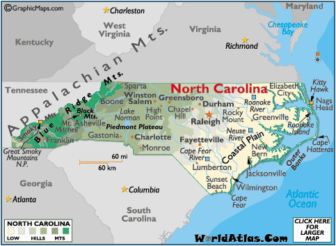north carolina map geography of north carolina map of north