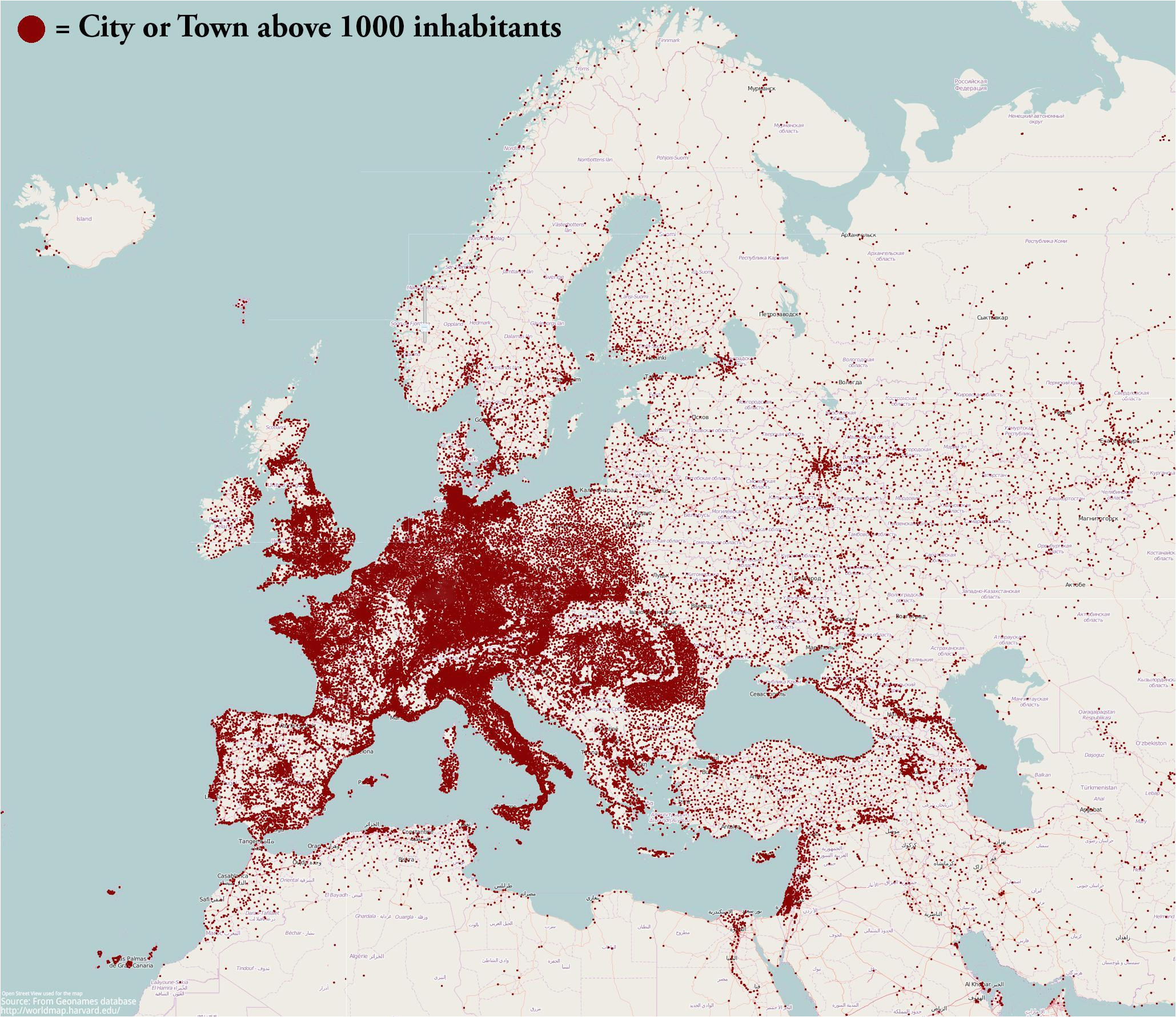 mapped population density with a dot for each town