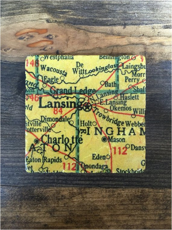 lansing michigan map coaster with cork backing charlotte grand etsy