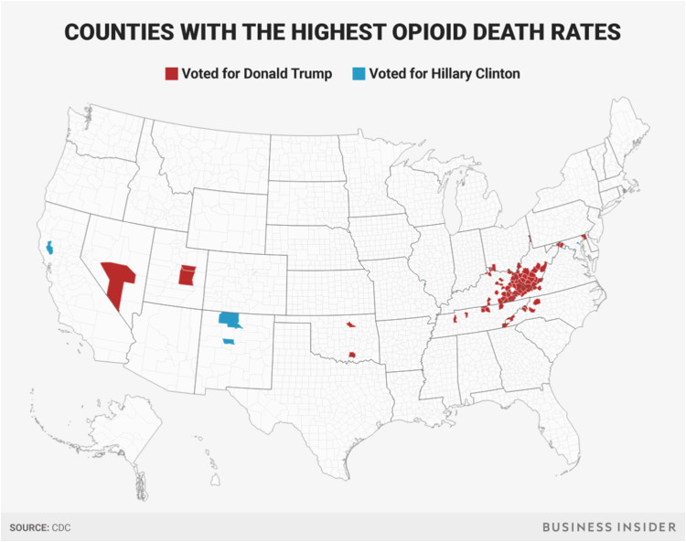 maps show that counties where opioid deaths are high voted for trump