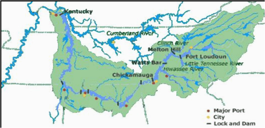 map of the tennessee river valley showing damns and rivers in east