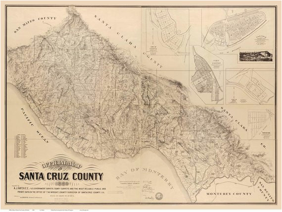 santa cruz county california 1889 old wall map reprint with