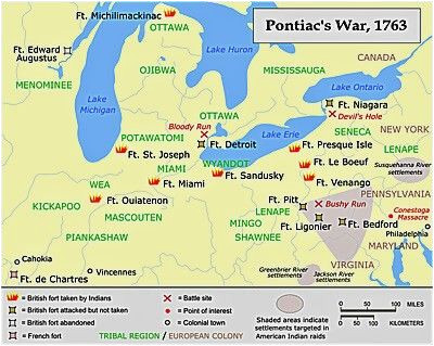 a map showing a summary of action during pontiac s war french
