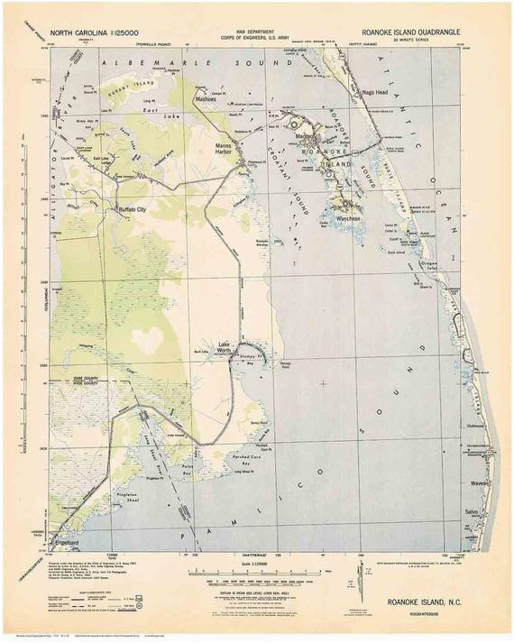 roanoke island 1943 old topo map usgs custom reprint north etsy
