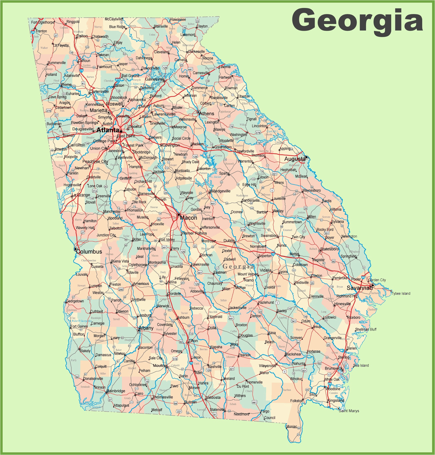 georgia road map with cities and towns