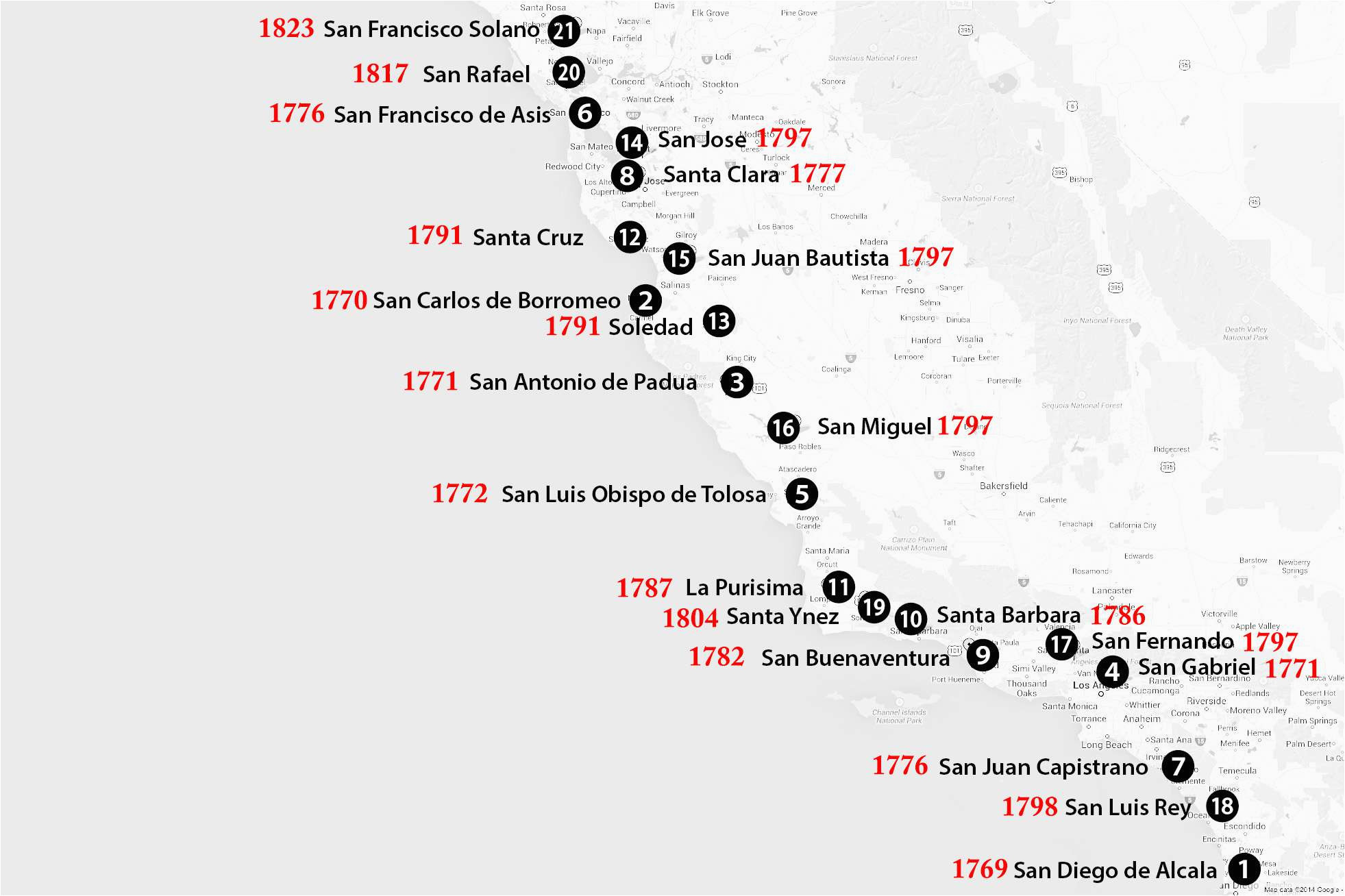 california missions map where to find them