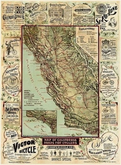 vintage map of california roads for cyclers by ancientshades full