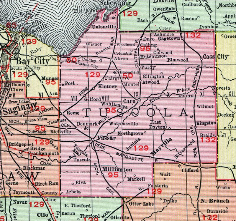 tuscola county michigan 1911 map rand mcnally caro cass city