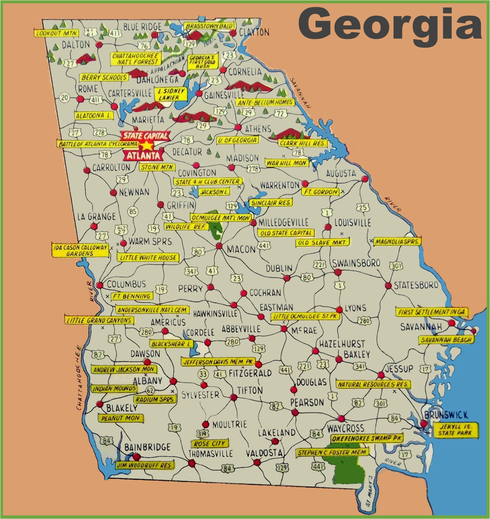 us map tourist destinations usa tourist map best of georgia state