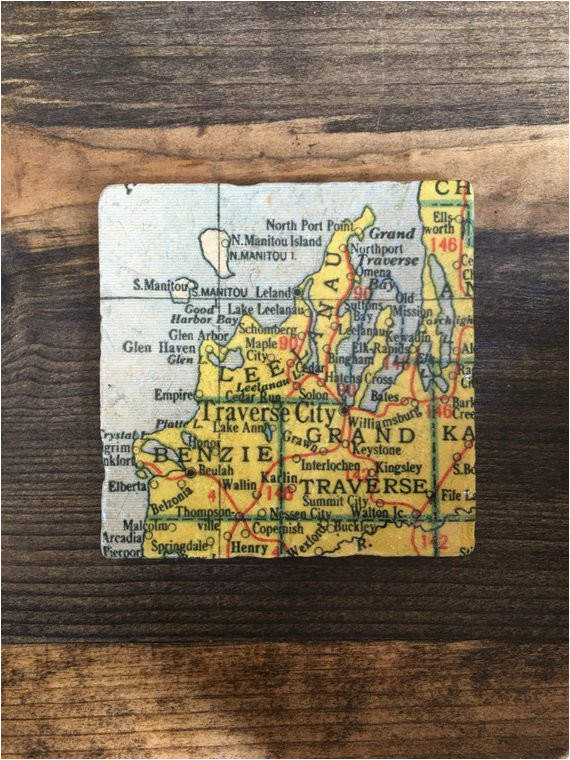 traverse city michigan map coaster with cork backing leelanau etsy