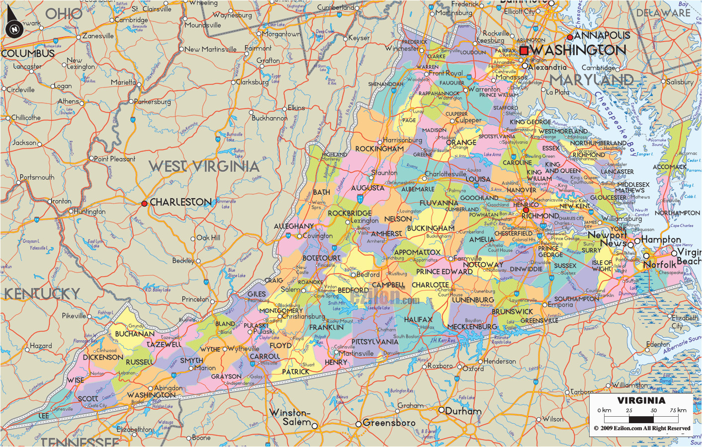 map of state of virginia with outline of the state cities towns