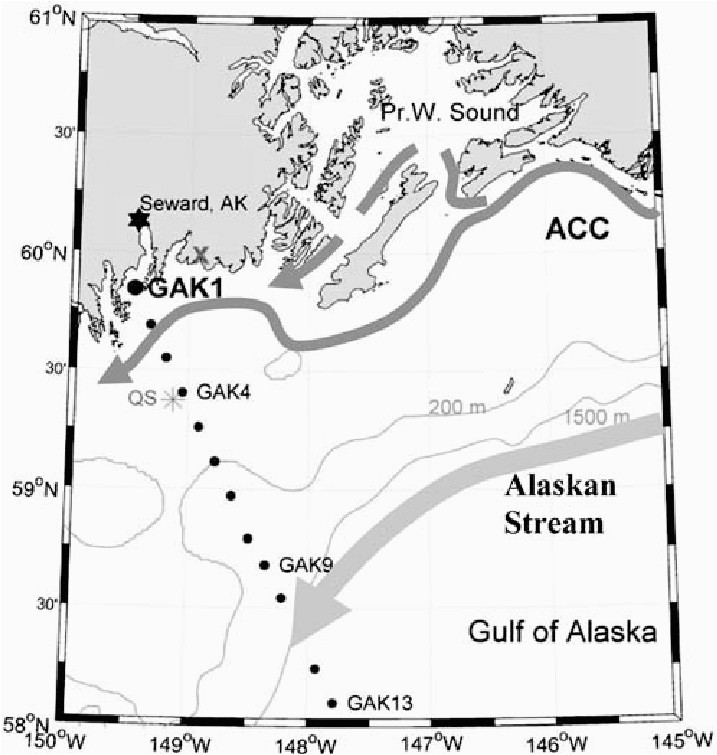 map of the northern gulf of alaska including gak1 large dot and