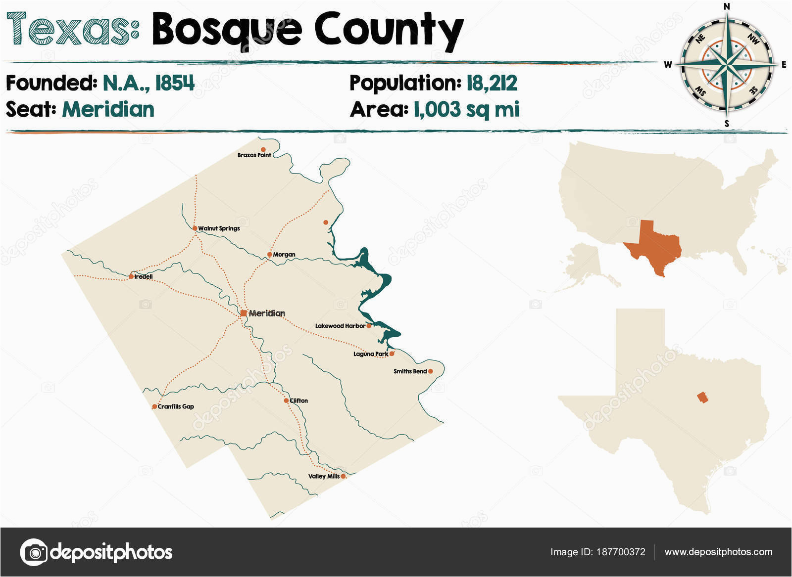 szczega a owa mapa bosque county teksasie usa grafika wektorowa