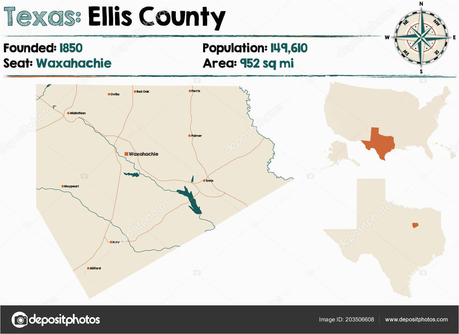podrobna mapa ellis county texasu usa stock vektor a c malachy666