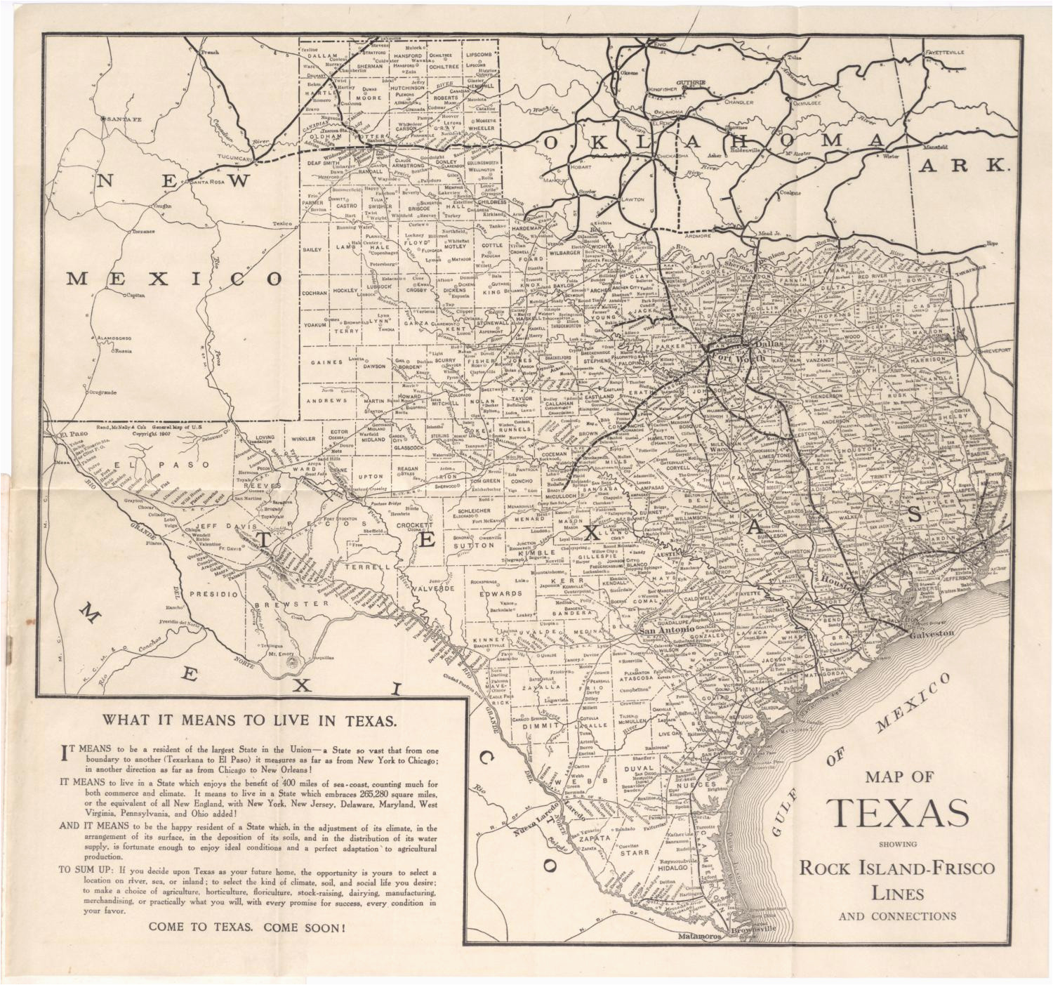 map of texas showing rock island frisco lones and connections side
