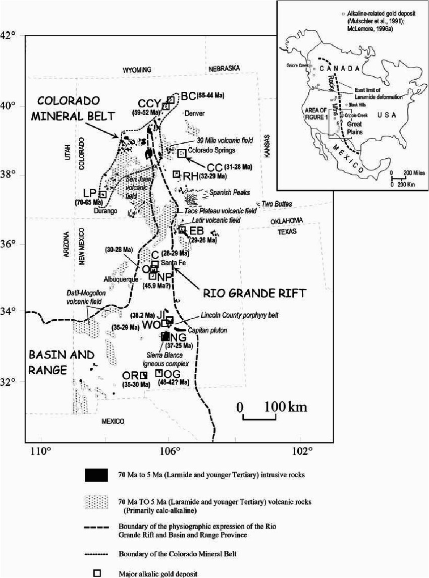 map showing locations of major alkalic gold deposits in colorado and