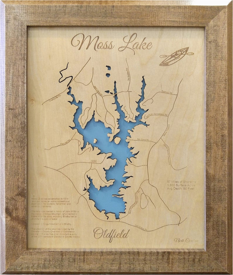 wood laser cut map of moss lake north carolina topographical etsy