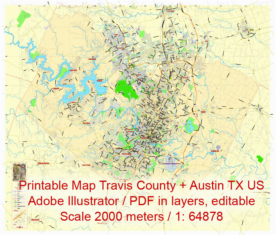 editable printable map travis county texas illustrator map scale 1