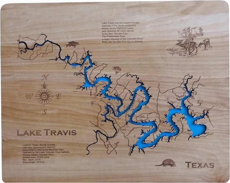 wood laser cut map of lake travis tx topographical engraved etsy