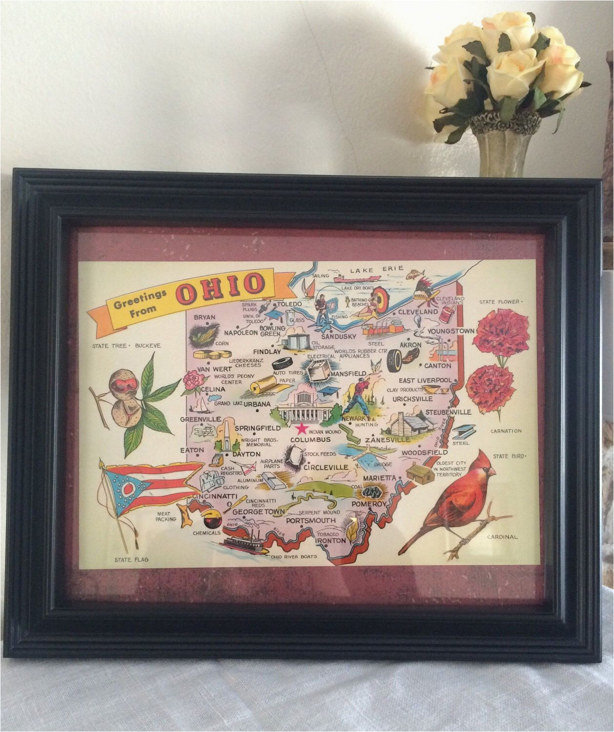 8 x 10 framed oversized vintage ohio map postcard 1950s ohio
