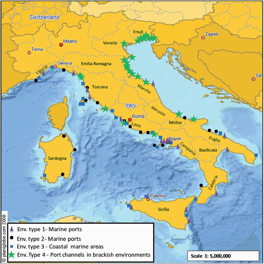 geographical location of sites in italian coastal regions for the