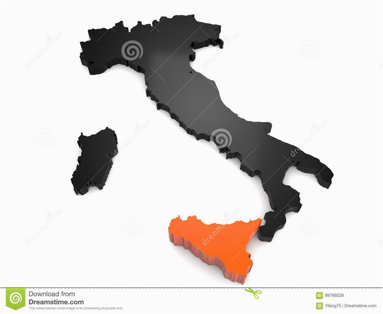 italy 3d black and orange map whith sicily region highlighted stock