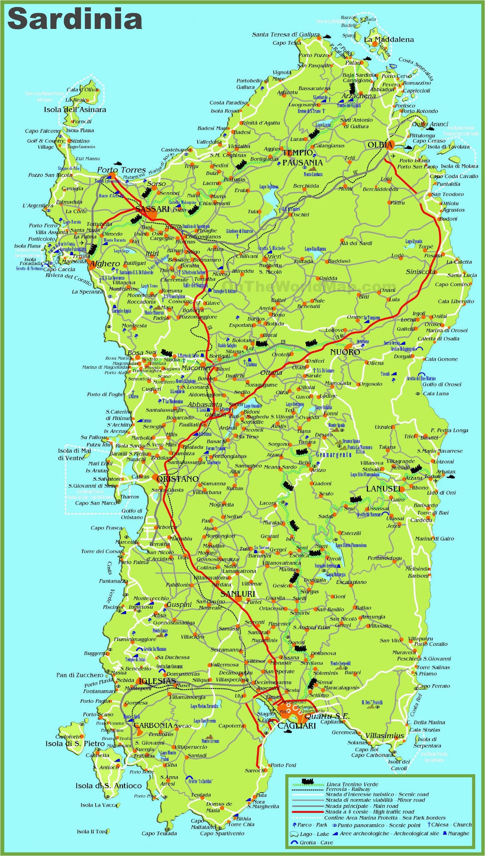 large detailed map of sardinia with cities towns and roads