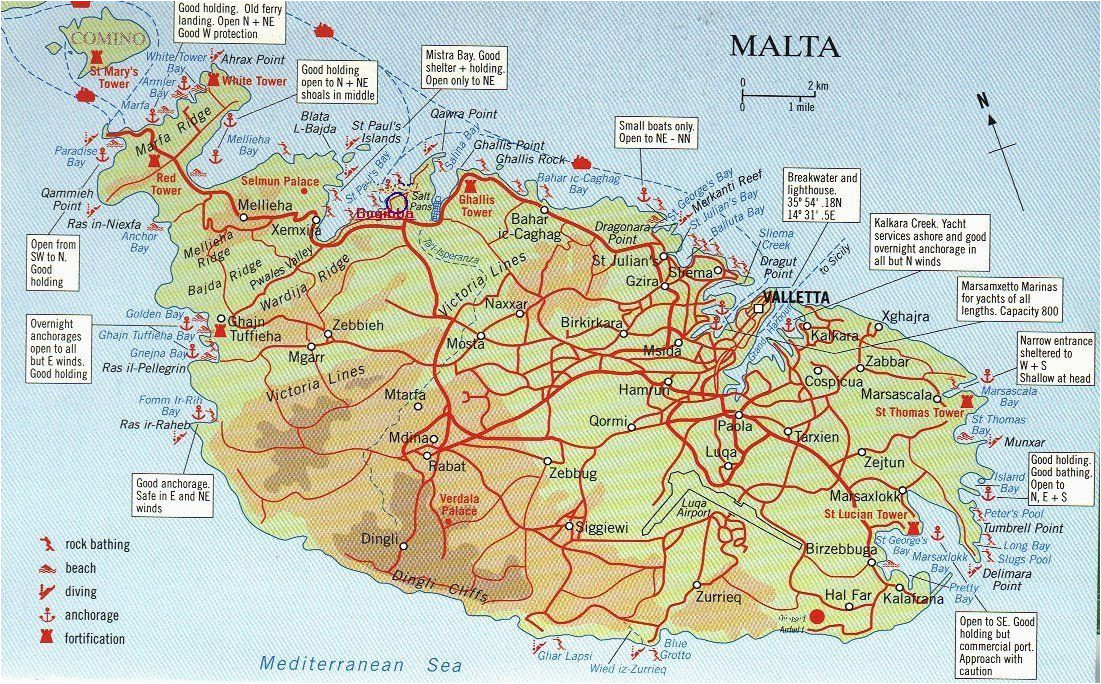 map over malta and comino big map with interesting places marked