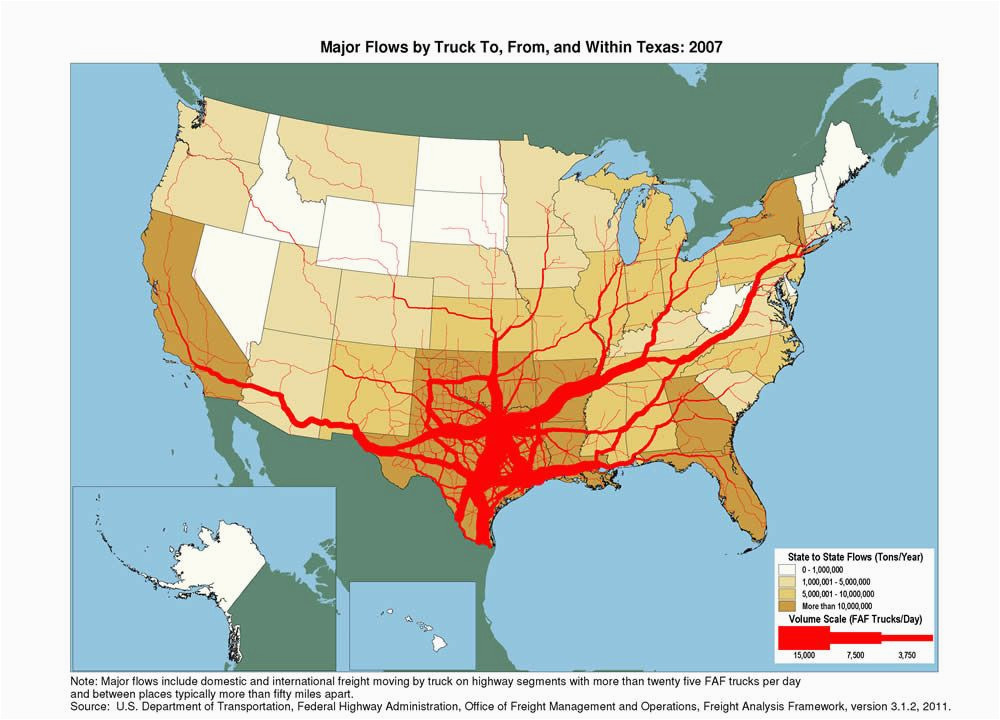 flow map showing tons moving by truck and the number of trucks