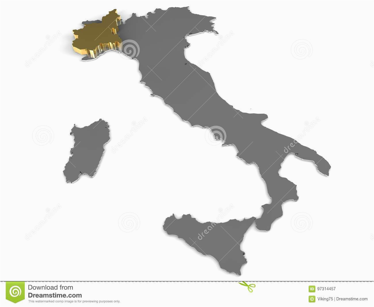 italy 3d metallic map whith piemonte region highlighted stock
