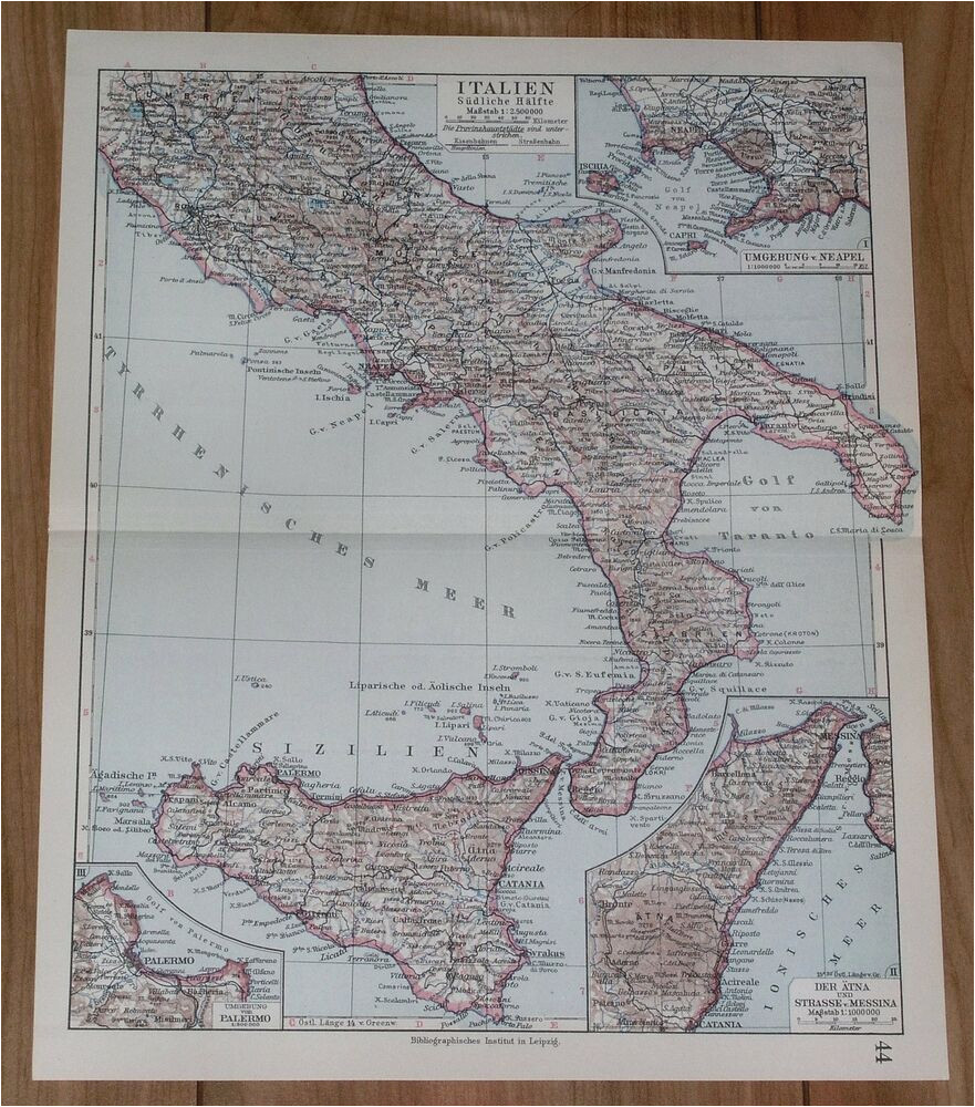 1928 original vintage map of southern italy sicily calabria rome