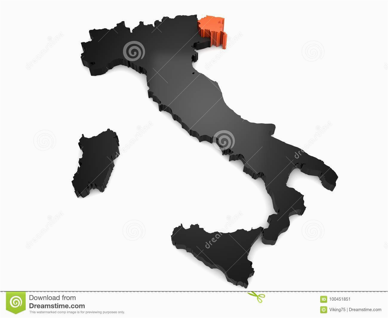 italy 3d black and orange map with friuli venezia giulia region