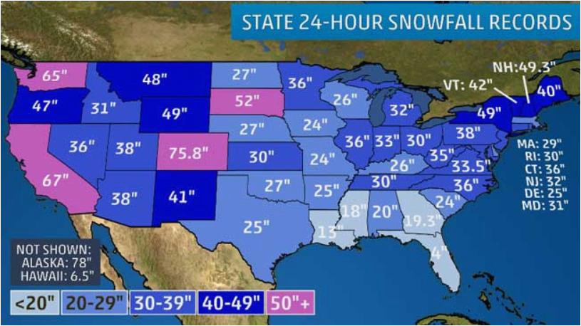 the greatest 24 hour snowfalls in all 50 states the weather channel