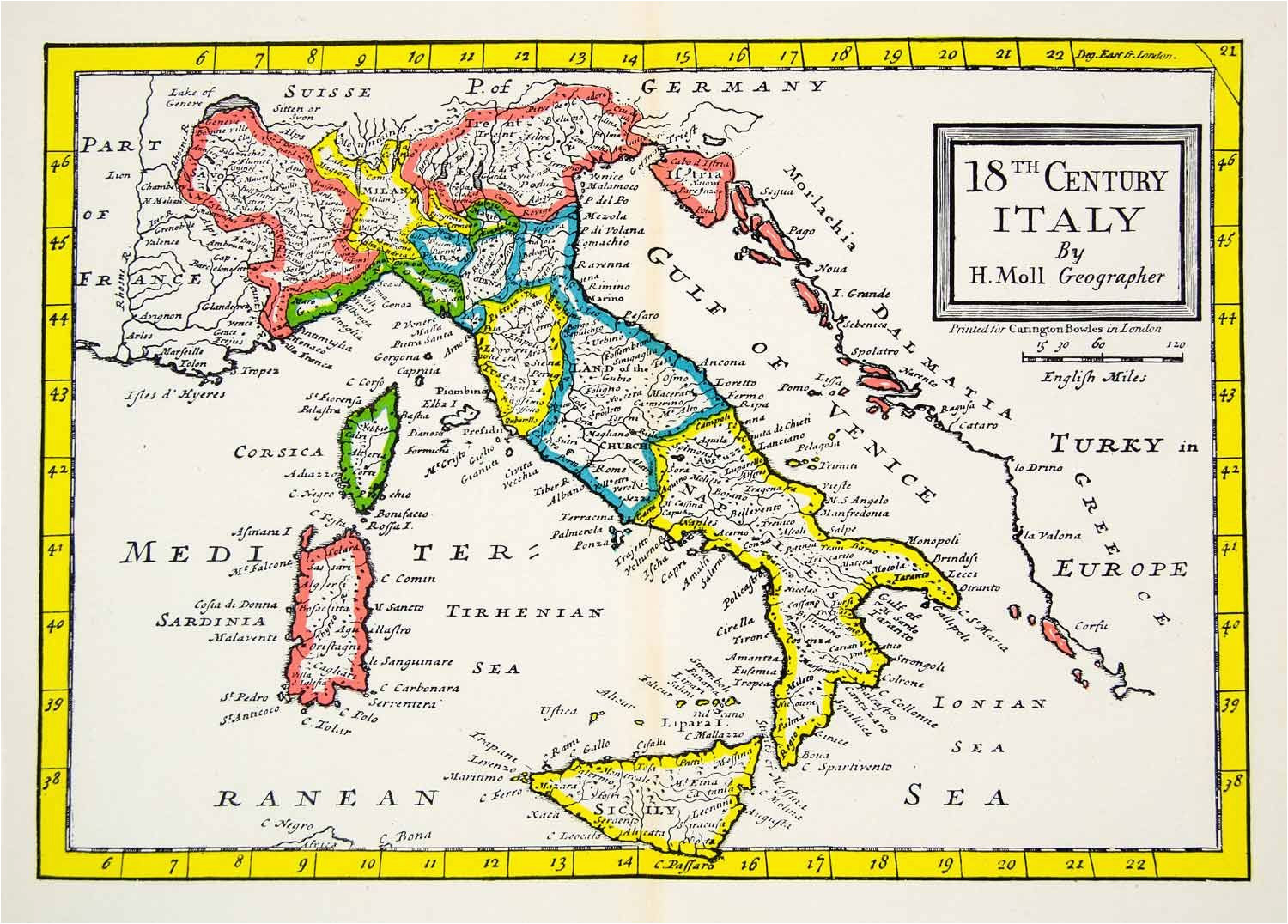 1944 print map eighteenth century italy gulf venice ionian sea