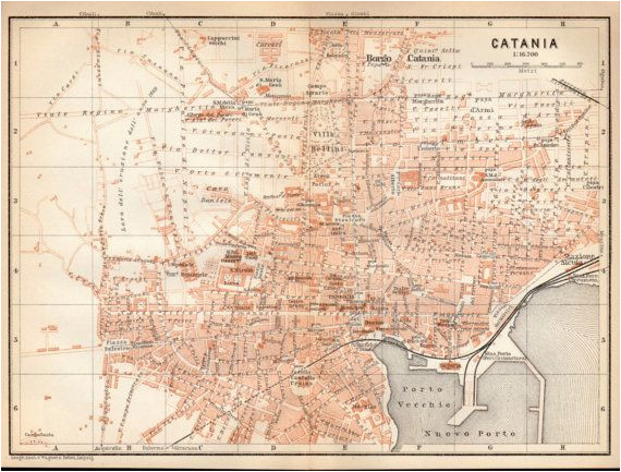 1908 catania sicily city map italy antique map sicilia