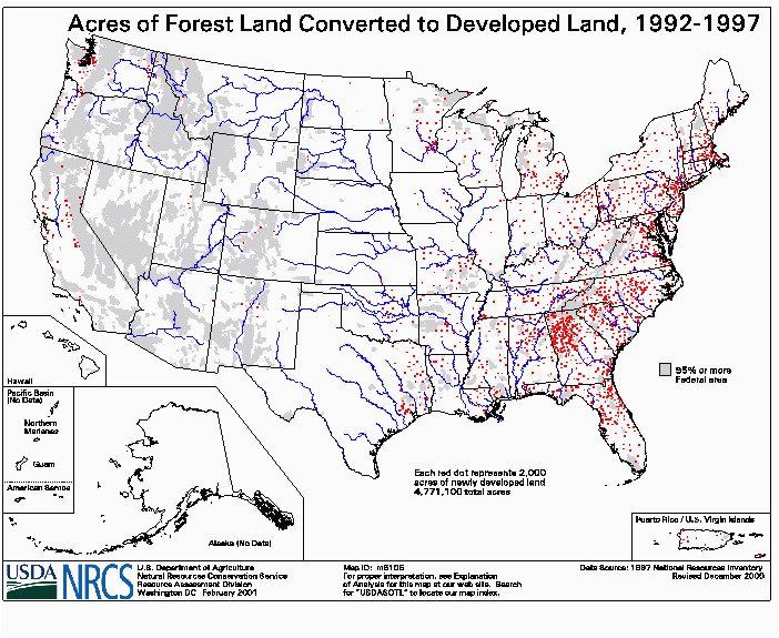 acres of forest land converted to developed land 1992 1997 nrcs