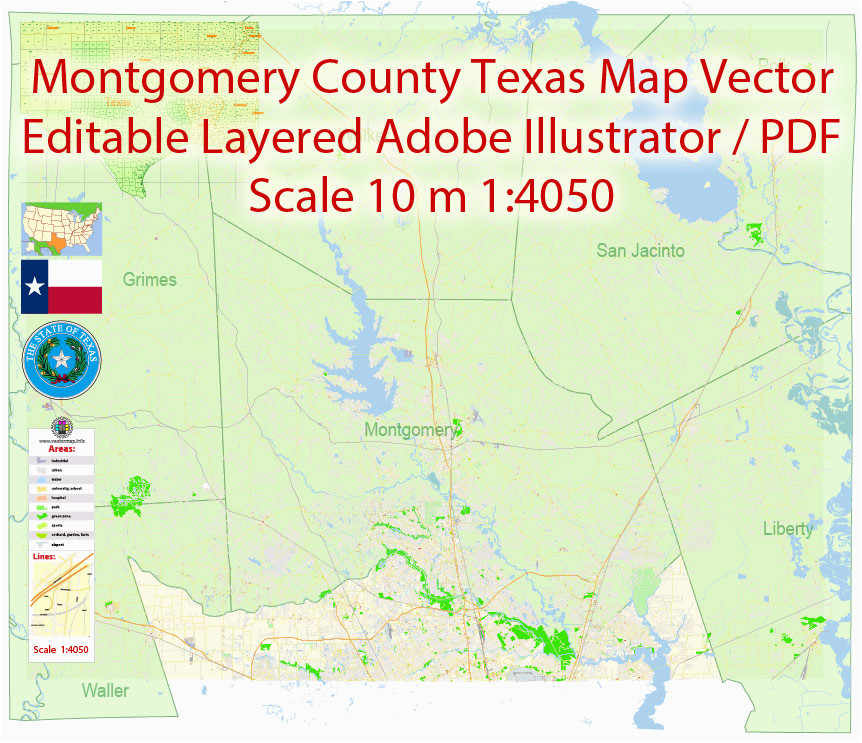 montgomery county and nearest map vector texas exact city plan